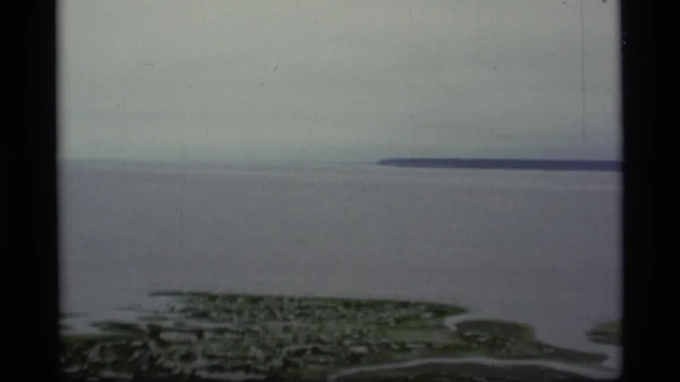 1977 Alaska home-movie frame showing ocean water, low distant shoreline, and muted gray sky from an elevated coastal viewpoint.