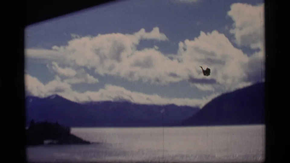 1977 Alaska 8mm frame showing a small forested island passing in front of open water and distant mountains.