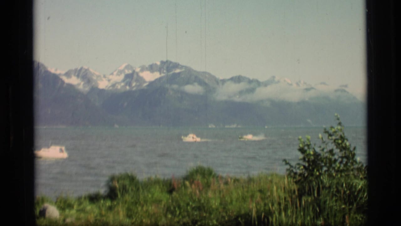 Fjord with small boats, green shoreline vegetation, and snow-capped mountains in the distance.