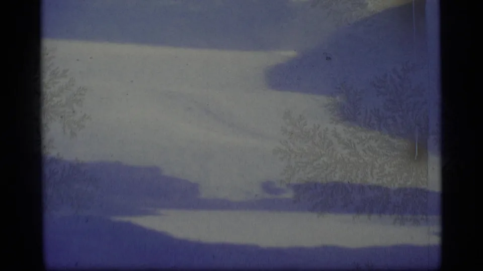 1977 Alaska plane-window view of glacial water and dark shoreline forms with visible 8mm grain, edge marks, and purple cast.