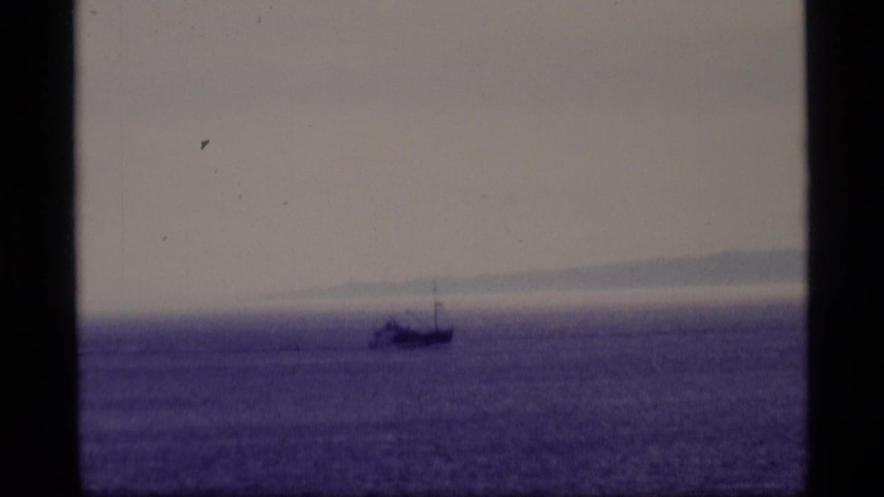 1977 Alaska 8mm frame showing a distant vessel on calm purple-tinged water with a faint landmass beyond.