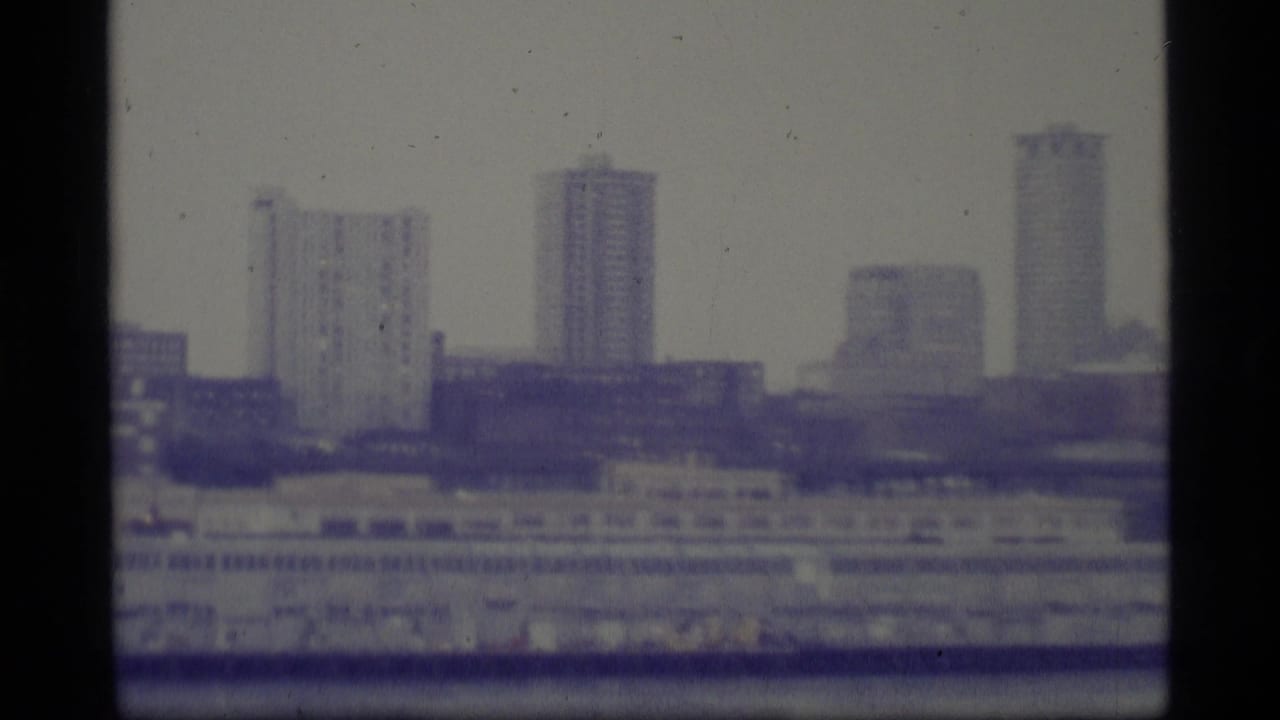 Distant city skyline with high-rise buildings beyond a waterfront.