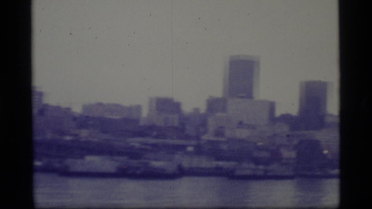 Hazy city skyline across water with tall towers and low waterfront buildings.