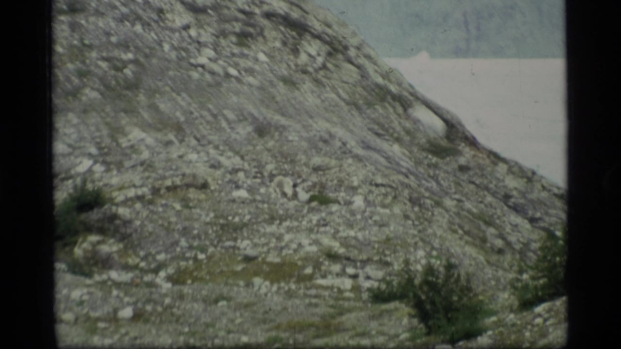 1977 Alaska 8mm frame showing a steep rocky hillside with scattered green plants and a pale sky or waterline in the distance.