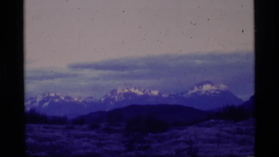 1977 Alaska 8mm frame showing soft-focused snow-capped peaks, shadowed meadow, sparse trees, and a pale sky.