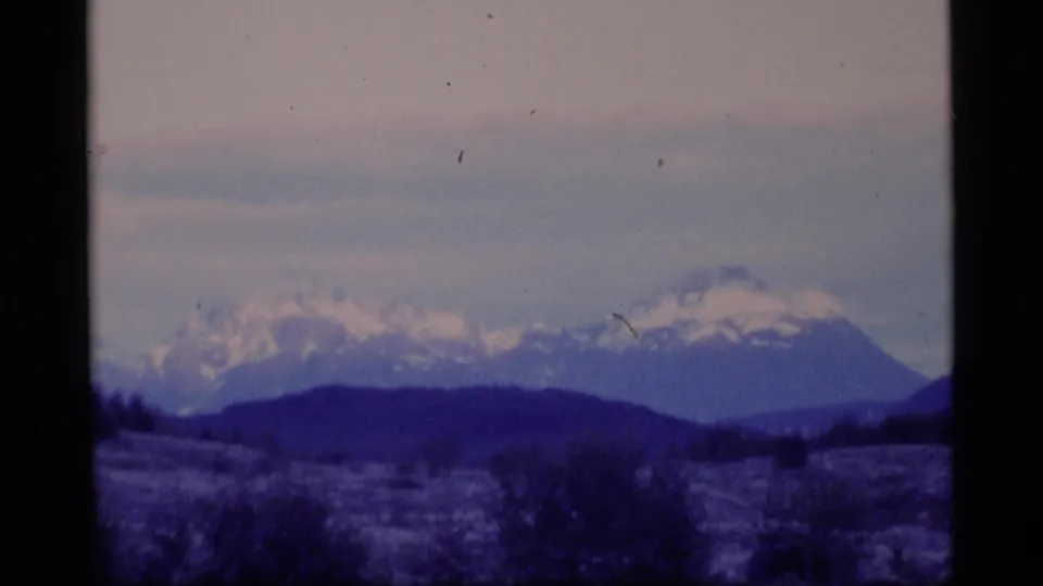 1977 Alaska 8mm frame showing a wide distant mountain view, dark meadow shrubs, low hills, and pale blue-lavender sky.