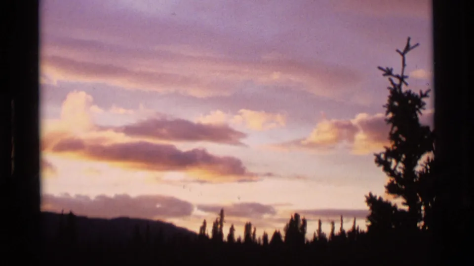 1977 Alaska 8mm sunset frame with evergreen silhouettes below pink-orange clouds and a dark ridge line.