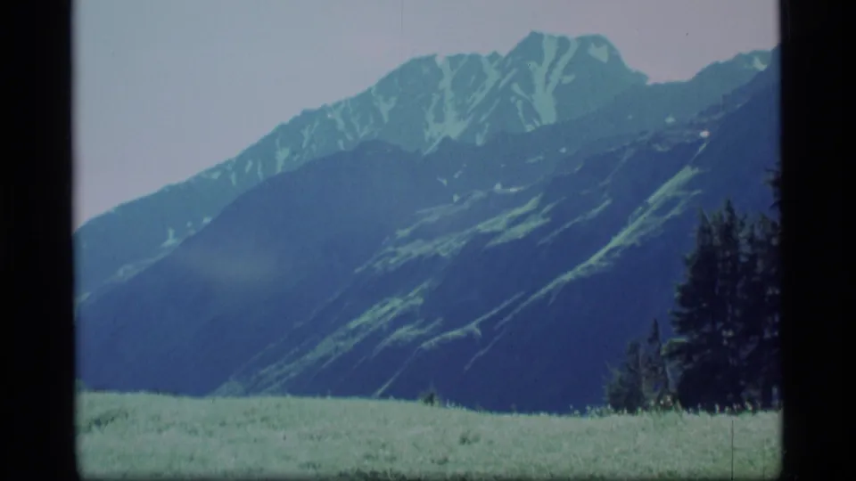 1977 Alaska 8mm frame showing snow-streaked mountains beyond a green meadow and dark evergreen trees.
