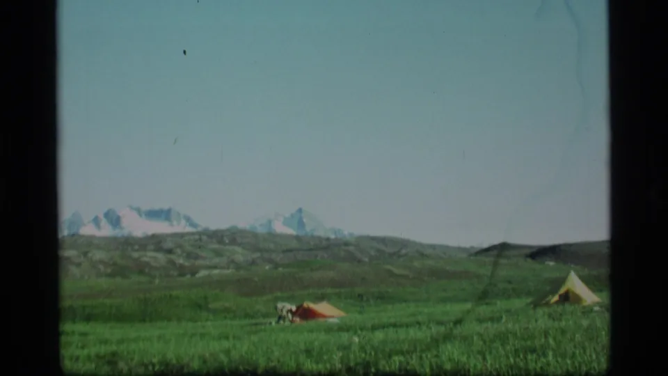 1977 Alaska campsite with small tents in a lush field and distant snow-capped mountains on the horizon.