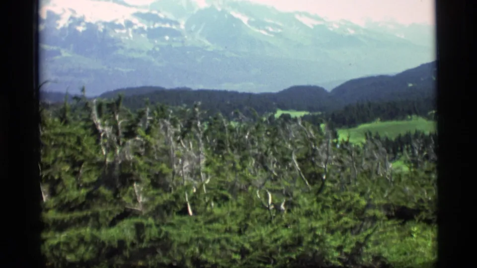 1977 Alaska 8mm view across forested terrain toward dark hills and a snow-streaked mountain range in the distance.