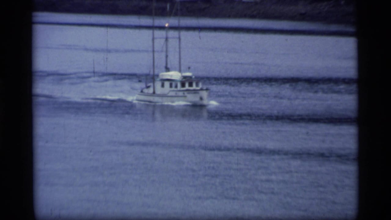 Small motorboat moving across a wide river under a muted sky.