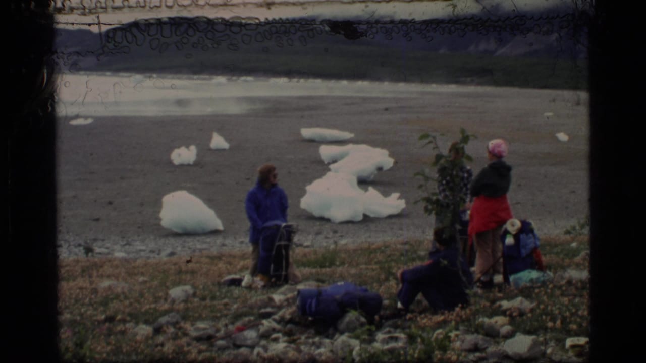 People rest on a rocky shore beside a lake with floating ice and mountains behind them.