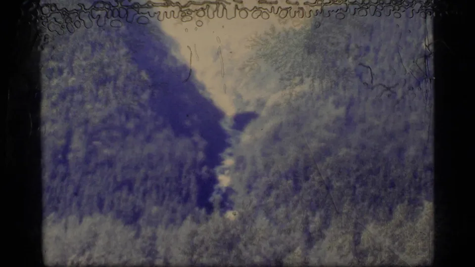 8mm view of the Taiya River valley in Alaska, with dense wooded slopes and a bright river channel below.