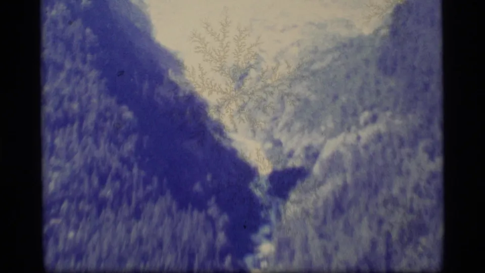 Vintage 8mm Alaska frame of the Taiya River valley, with forested slopes, pale sky, and visible film wear along the frame.