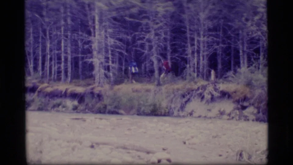 Distant hikers stand or walk near a forest edge in Alaska, with an open pale foreground and soft 1970s 8mm color.