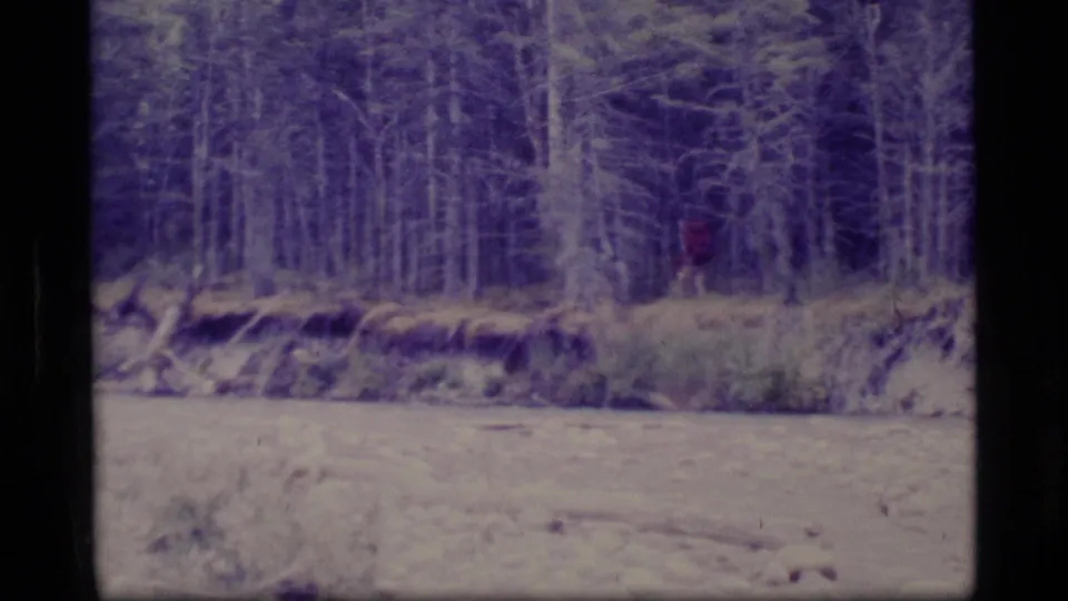 1977 Alaska 8mm frame showing a small figure near tall evergreens across a pale stream or river edge.