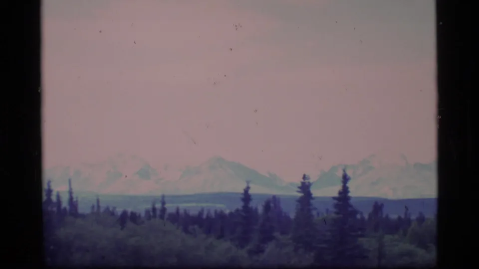 1977 Alaska 8mm frame with distant snow-capped peaks, dark evergreen trees, and a faded pink-blue film tint.