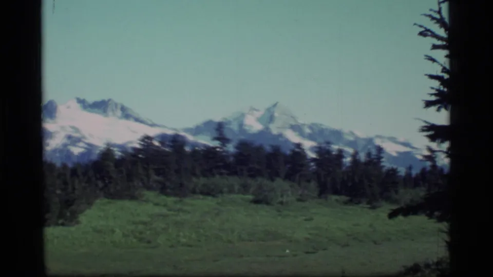 1977 Alaska 8mm frame showing a wide snowy mountain range behind evergreen trees and meadow, with heavy film-frame borders.