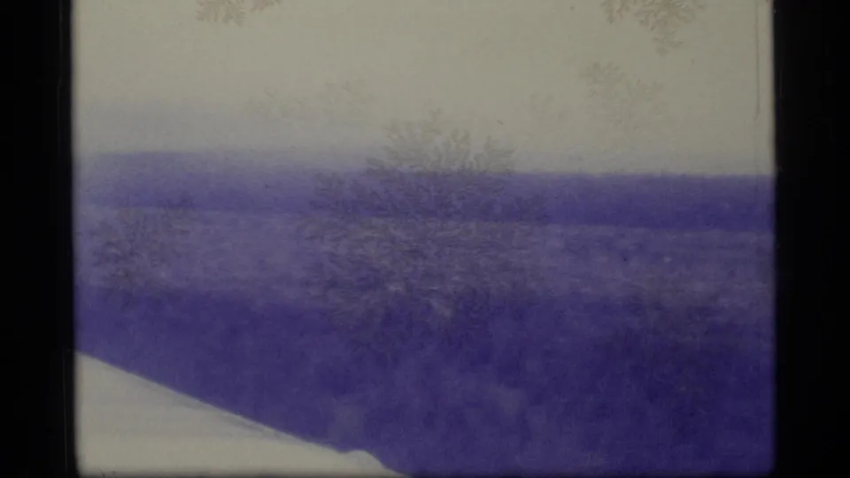 1977 Alaska 8mm home-movie frame showing a broad, hazy landscape with sparse trees, pale sky, and dark film borders.