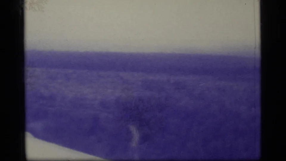 1977 Alaska frame with a hazy horizon, open ground, faint trees, and strong purple aging across the 8mm film image.