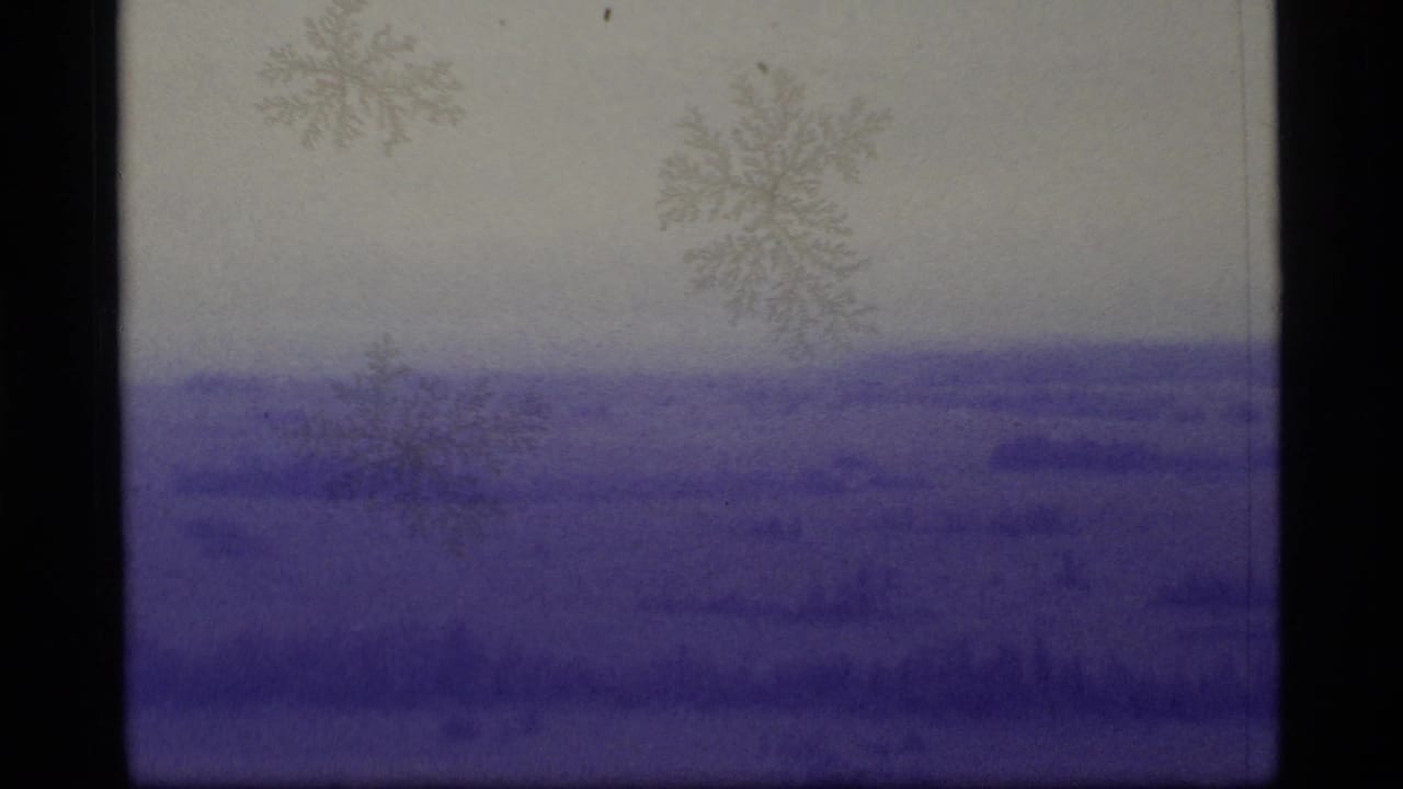 Purple-tinted snowy landscape with pale sky, dark frame edges, and film surface marks.