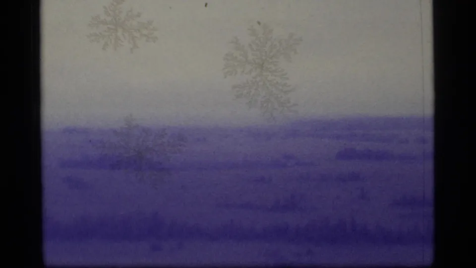 1977 Alaska 8mm frame showing a soft purple winter landscape with distant low forms, pale sky, and visible film artifacts.
