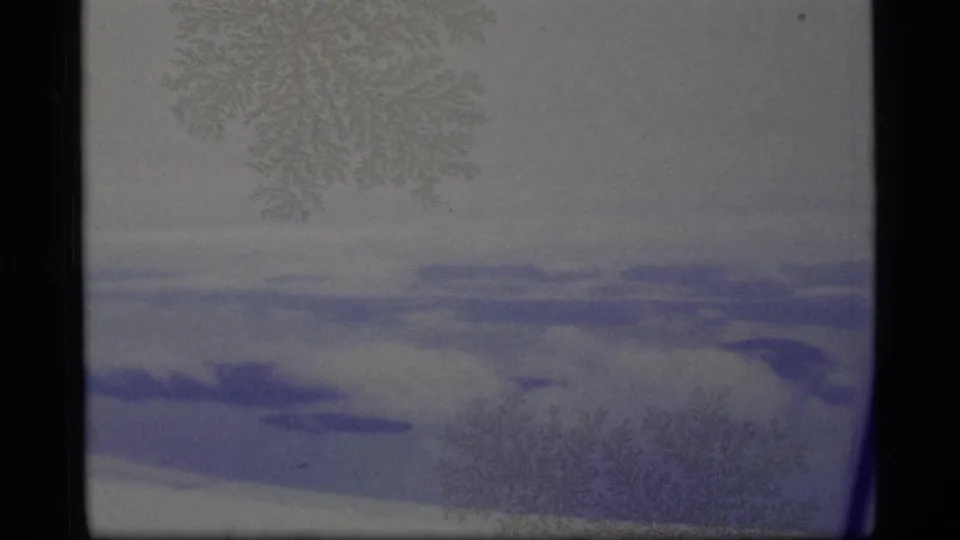 1977 Alaska 8mm frame with purple-tinted snow, faint landscape forms, pale sky, and snowflake-like surface artifacts.