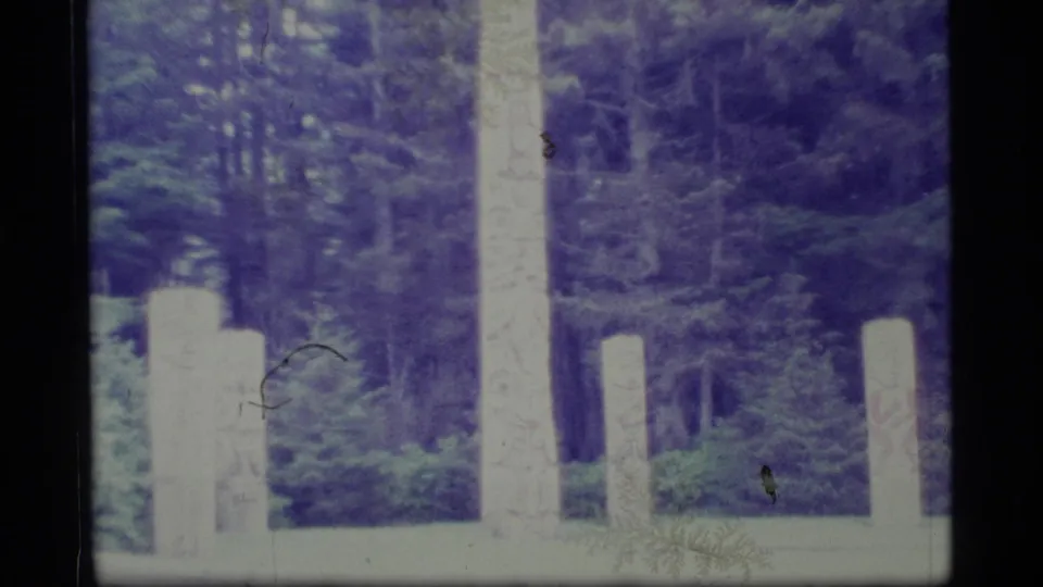 1977 Alaska home-movie frame with several pale carved poles set against dense green forest and visible 8mm scan marks.