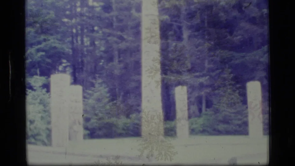 Faded 1977 Alaska 8mm frame showing several carved poles in a forest, with uneven exposure and visible film wear.
