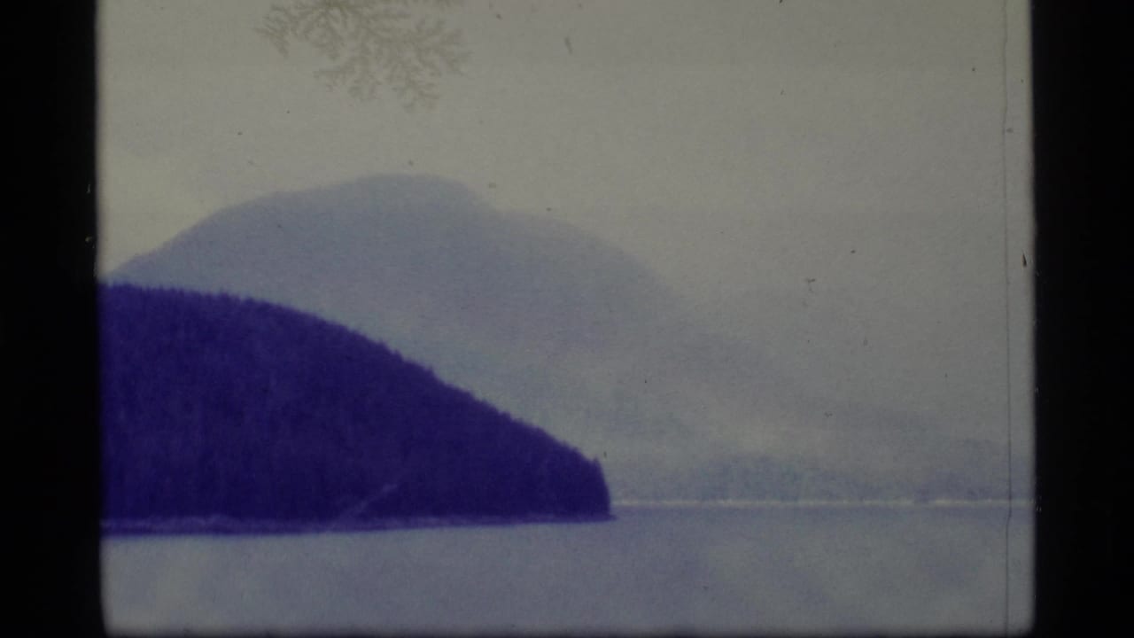 Wide lake with a dark forested shoreline and soft mountain shapes under a pale sky.
