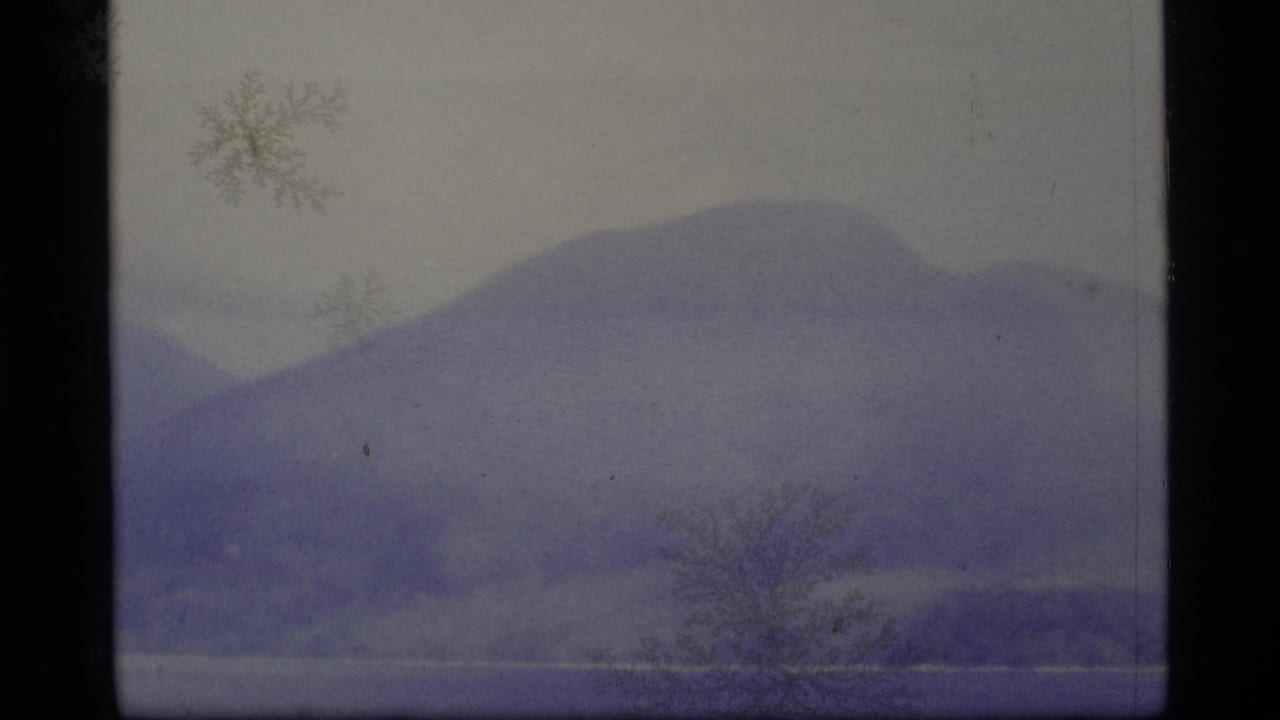 1977 Alaska 8mm frame showing blue-purple hills across a still lake, with a sparse tree silhouette near the shore.