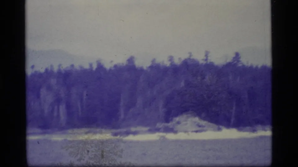 1977 Alaska 8mm frame showing a forested shoreline across calm water, with hazy mountains and film gate borders visible.