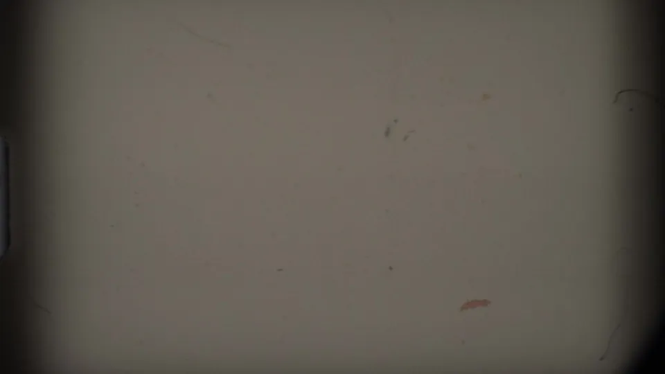 1977 Alaska 8mm frame with a muted gray storm-like view, central dark banding, dust specks, and a small reddish mark.