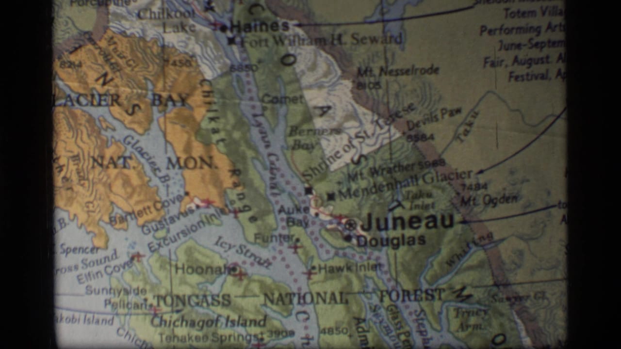 Projected map showing Glacier Bay, Juneau, Haines, and Tongass National Forest.