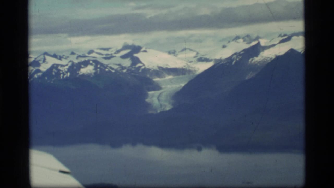 Snowy mountains and a glacier above dark bay water, seen past an airplane wing.