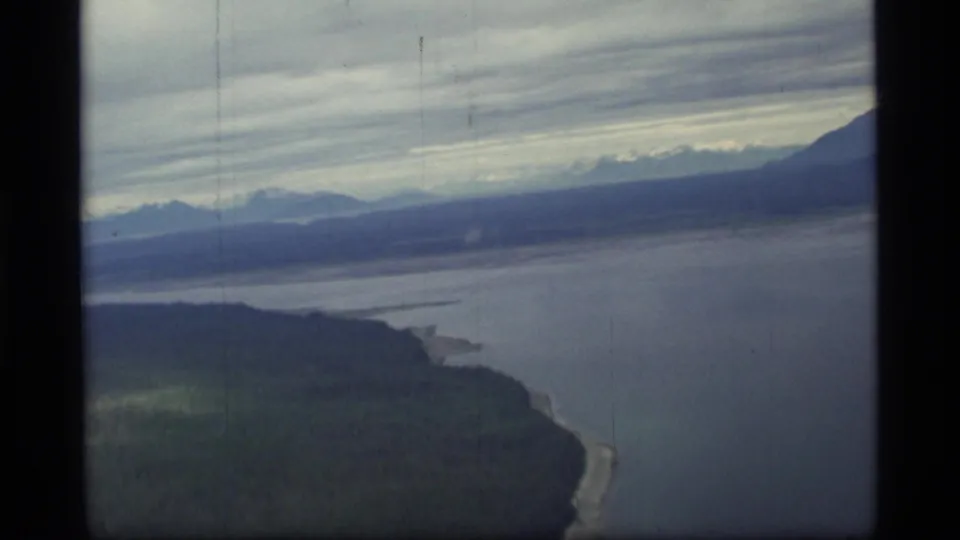 Glacier Bay aerial view from 1977 showing forested shoreline, broad water, distant mountain forms, cloud cover, and a plane wing edge.
