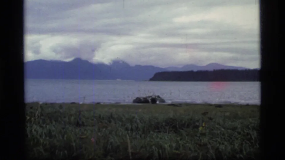 1977 Glacier Bay shoreline scene with grass and a large rock in front of open water, distant mountains, and layered clouds.