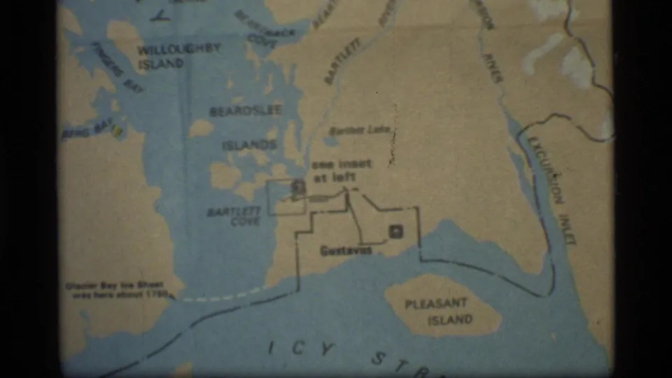 Soft 8mm frame of the Glacier Bay map showing Beardslee Islands, Bartlett Cove, Gustavus, and Excursion Inlet.