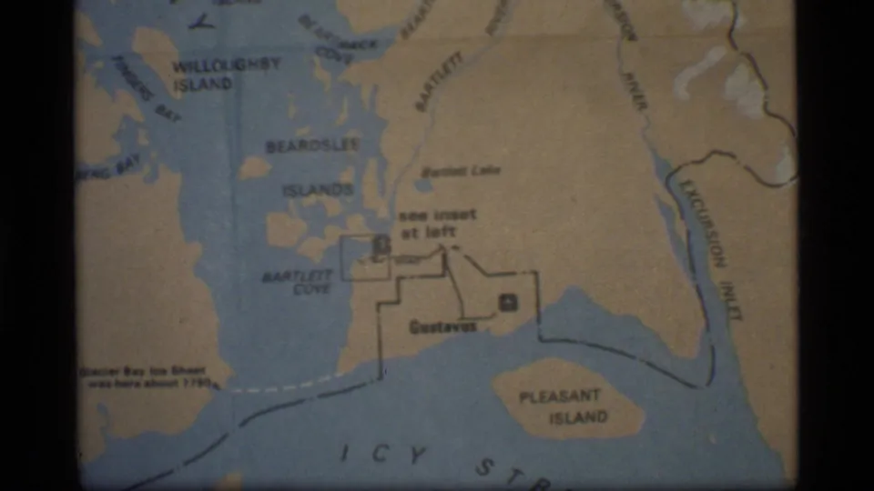 1977 Glacier Bay area map frame with Bartlett Cove, Gustavus, Pleasant Island, and the note about Glacier Bay ice sheet position.
