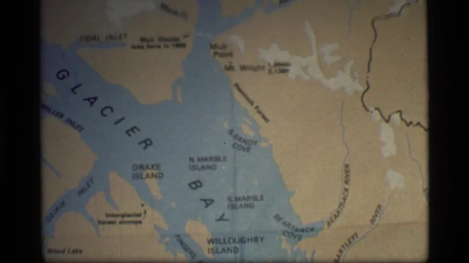1977 Glacier Bay map frame showing bay and island labels with Muir Point and Casement Glacier near a fold line.