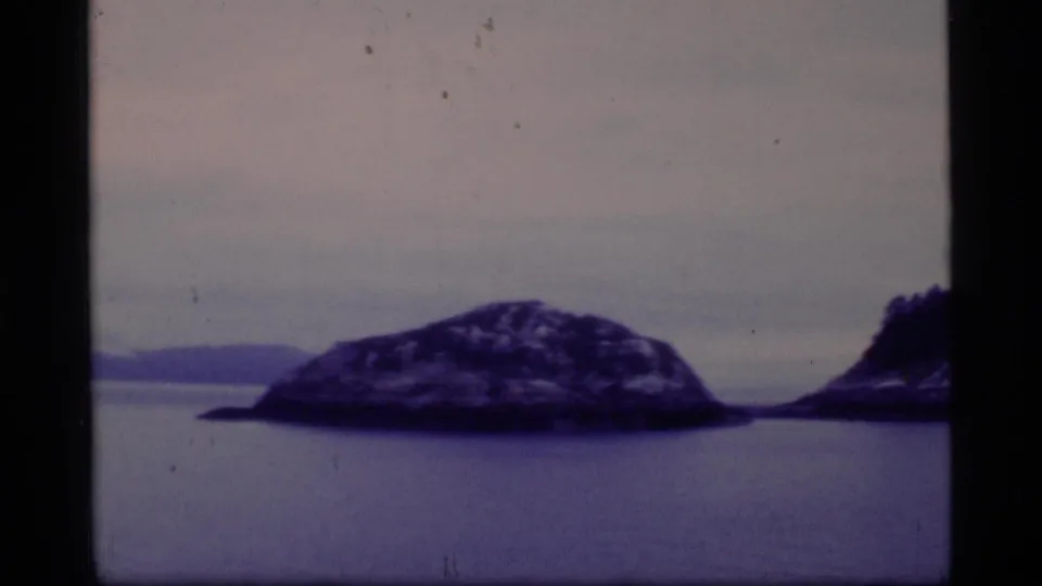 A low rocky island appears in Glacier Bay, with calm water and a pale overcast sky in a 1977 home-movie frame.