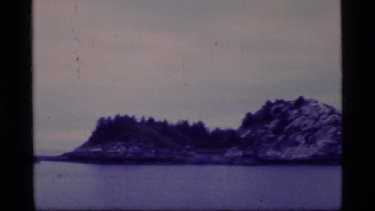 A rocky island and low shoreline appear across calm Glacier Bay water in soft 1970s 8mm color.
