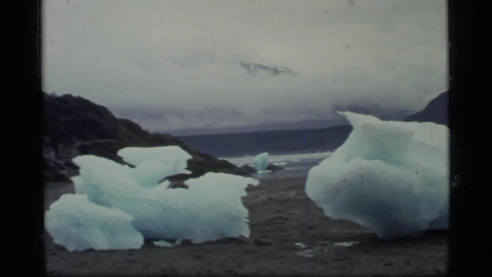 Glacier Bay, Alaska shoreline with stranded ice floes, dark beach, low water, and muted mountain backdrop.