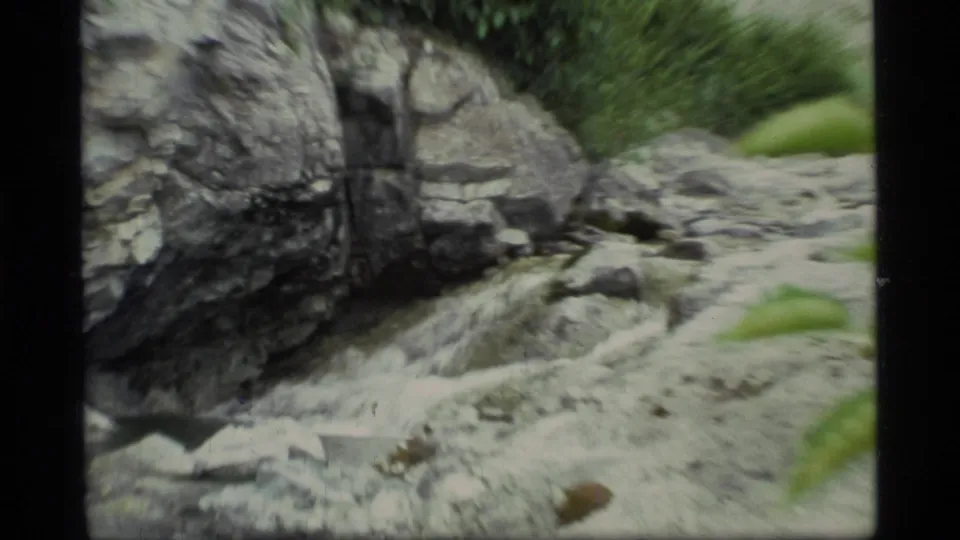 Close handheld 8mm view of water running through a rocky stream channel in Glacier Bay, Alaska, with foliage at the frame edge.