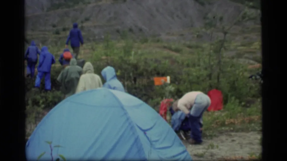 1977 Glacier Bay home-movie frame with rain ponchos, a blue tent, red camping bags, and brushy terrain around the campsite.