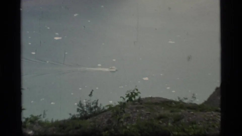 Faded 8mm frame of Glacier Bay water with floating ice, a boat wake, foreground vegetation, and distant shoreline.