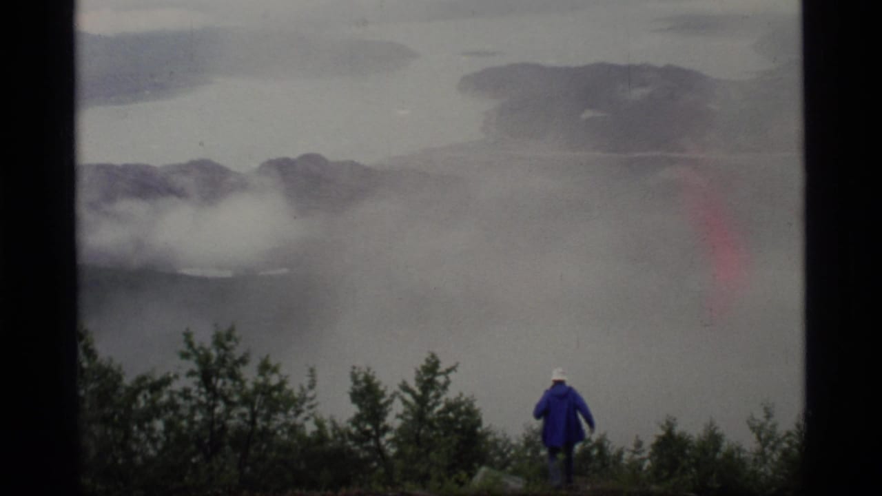 Small hiker in a blue jacket above trees with foggy water and dark landforms beyond.
