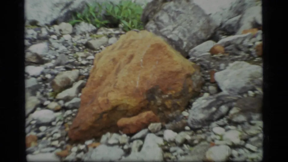 Close 1977 Glacier Bay 8mm frame of a weathered brown rock on gravel, with stones and small plants around it.