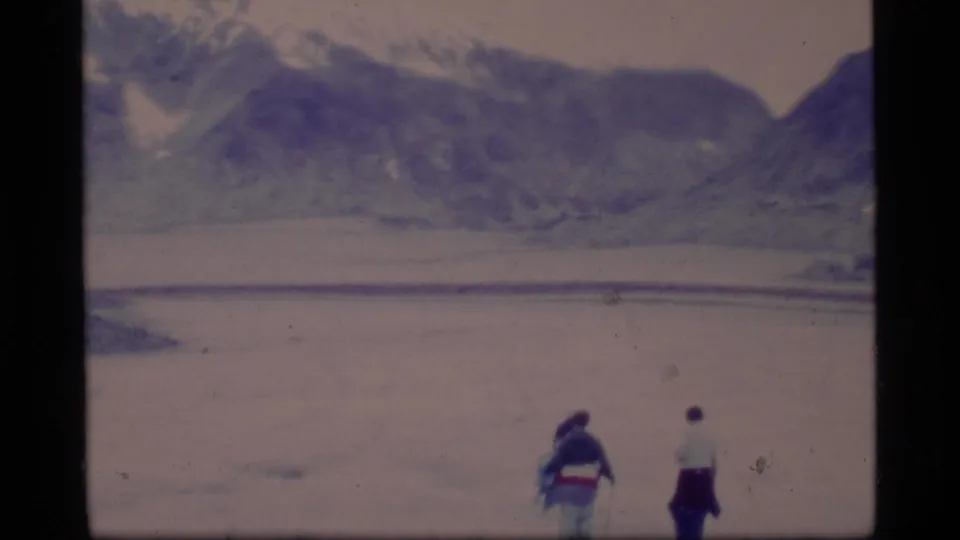Two distant visitors in winter clothing face the Glacier Bay landscape, with water or ice and mountains beyond.