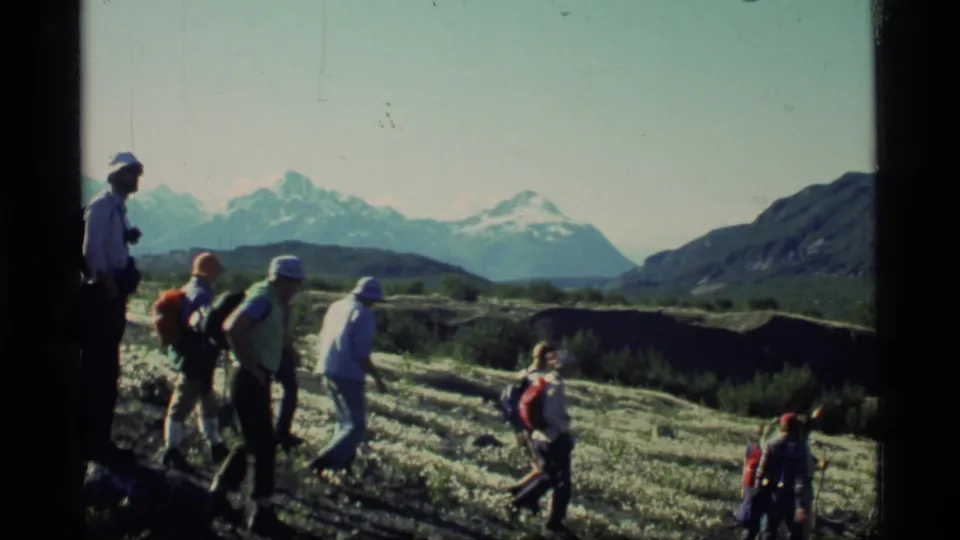 A group of hikers in casual outdoor clothing walks downhill in Glacier Bay, Alaska, with mountains in the distance.